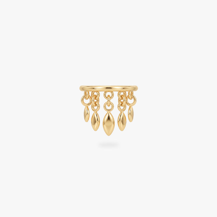 This image shows a titanium 14k gold plated clicker with 5 solid fringe dangles