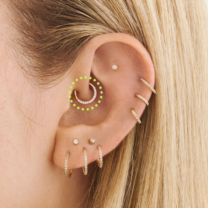 on ear featuring an 8mm seamless front set pave clicker in gold [hover] color:null|gold