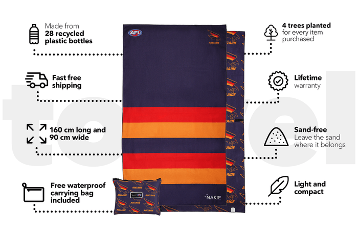 Adelaide Crows AFL beach towel in navy, red, and orange stripes with team logo pattern, 160cm long and 90cm wide, shown with