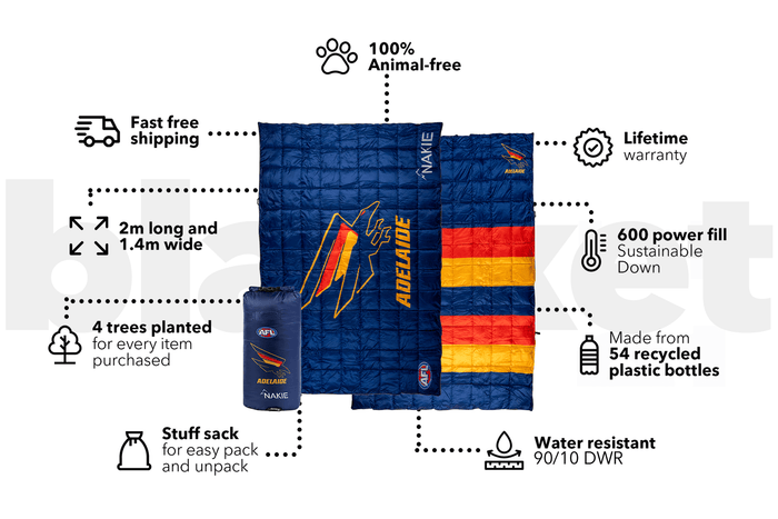 Navy and red striped quilted puffy blanket with Adelaide Crows AFL logo and branding, displayed flat with stuff sack
