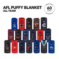 Collection of AFL puffy blankets in team colors including blue, red, black, and burgundy with team logos and Nakie branding