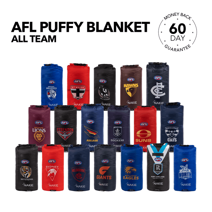 Collection of AFL puffy blankets in team colors including blue, red, black, and burgundy with team logos and Nakie branding