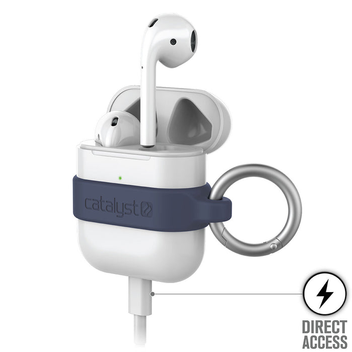 catalyst airpods gen 2 1 loop carabiner midnight blue with airpods plugged into a charging cable text reads direct access