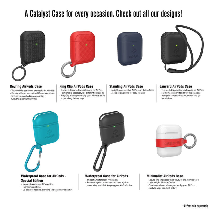 catalyst airpods gen 2 1 loop carabiner different catalyst airpods cases text reads a catalyst case for every occasion check out all our designs keyring airpods case ring clip airpods case standing airpods case lanyard airpods case waterprrof case for airpods special edition waterproof case for airpods minimalist airpods case