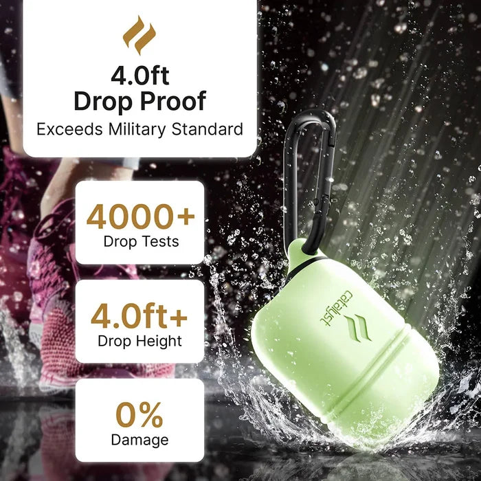 The Catalyst Case US AirPods (Gen 2/1) Waterproof Case + Carabiner, shown in lime green beside a pink shoe, is 4.0ft drop proof, tested over 4000 times from heights above 4.0ft with zero damageÃƒÂ¢Ã¢â€šÂ¬Ã¢â‚¬Âexceeding military standards.