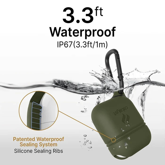 A Catalyst Case US AirPods (Gen 2/1) Waterproof Case + Carabiner is shown partly underwater. Text reads, ÃƒÂ¢Ã¢â€šÂ¬Ã…â€œ3.3ft Waterproof IP67.ÃƒÂ¢Ã¢â€šÂ¬Ã‚Â An inset highlights the patented silicone waterproof sealing system.