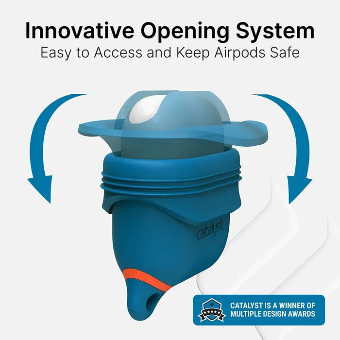 A blue Catalyst Case US Waterproof Case + Carabiner for AirPods (Gen 2/1) is shown with its curved, hinged lid halfway open and motion arrows. Text reads, ÃƒÂ¢Ã¢â€šÂ¬Ã…â€œInnovative Opening SystemÃƒÂ¢Ã¢â€šÂ¬Ã¢â‚¬ÂEasy to Access & Protect.ÃƒÂ¢Ã¢â€šÂ¬Ã‚Â Design award badge displayed.