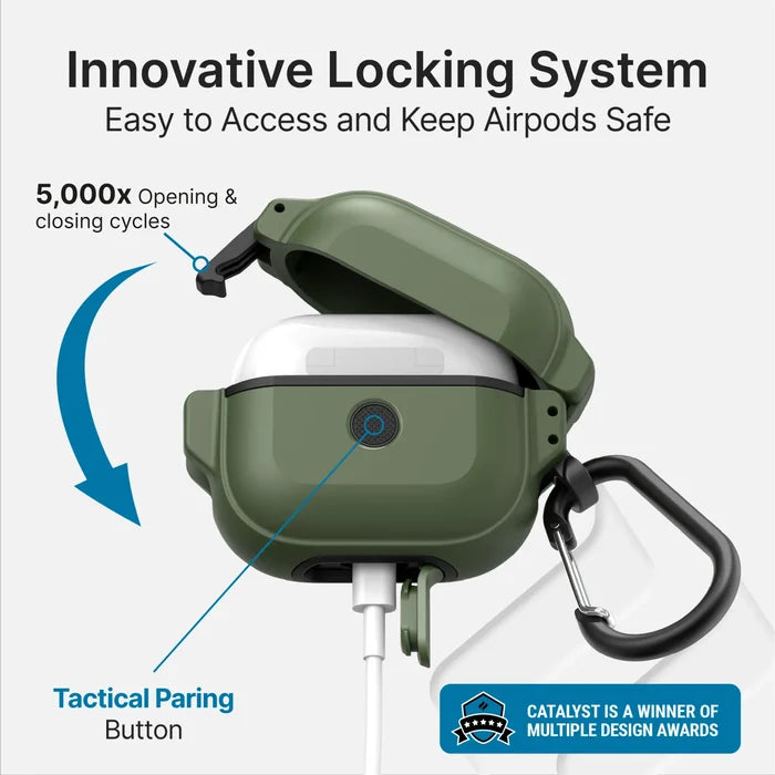 The Catalyst Case US AirPods (Gen 3) 330ft Waterproof Total Protection Case in green features a black carabiner, ÃƒÂ¢Ã¢â€šÂ¬Ã…â€œTactical Pairing Button,ÃƒÂ¢Ã¢â€šÂ¬Ã‚Â and withstands 5,000x lid cycles for long-lasting, durable protection.
