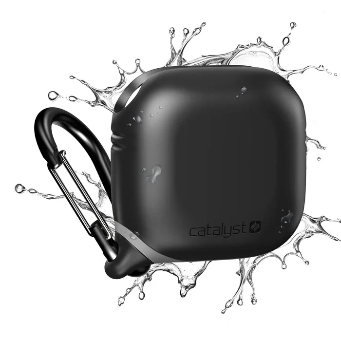A black Catalyst Case US AirPods 5/4 Waterproof Case with a carabiner is shown with water splashes, highlighting its durability and water resistance. The Catalyst logo appears on the lower front of the case.