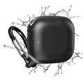 A black Catalyst Case US AirPods 5/4 Waterproof Case with a carabiner is shown with water splashes, highlighting its durability and water resistance. The Catalyst logo appears on the lower front of the case.