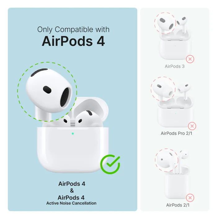 On the left, Catalyst Case US AirPods 5/4 - Waterproof Case + Carabiner is shown with a green check, while AirPods 3, Pro 2/1, and 2/1 on the right have red Xs. Text: "Only compatible with AirPods 5/4.