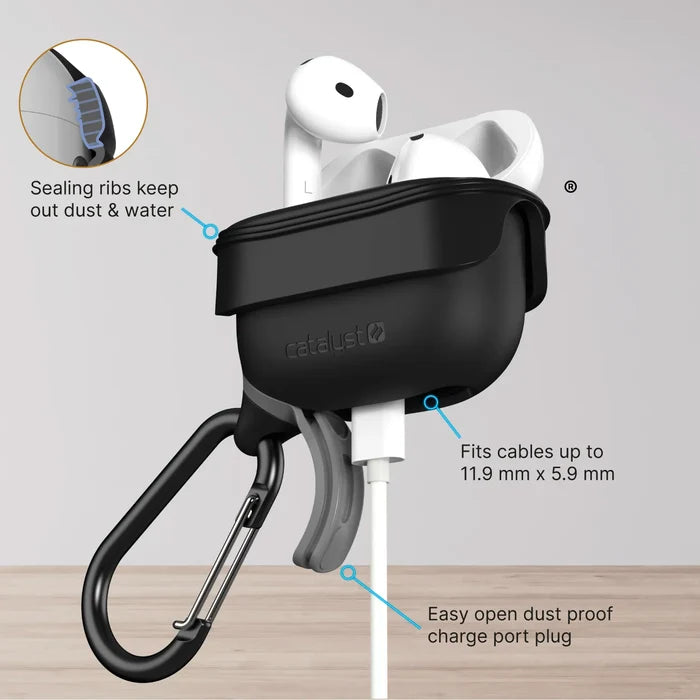 A Catalyst Case US AirPods 5/4 Waterproof Case + Carabiner is featured in black. One AirPod sits inside, one outside. Text highlights sealing ribs, dustproof charge port plug, and cable compatibility up to 11.9mm x 5.9mm on a minimal light background.