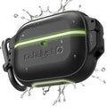 The Catalyst Case US AirPods Pro (Gen 2/1) 100M Waterproof Total Protection Case in Black - Glow in the Dark is shown with water splashes, featuring rugged design, visible branding, a latch, and a carabiner clip on the left side.