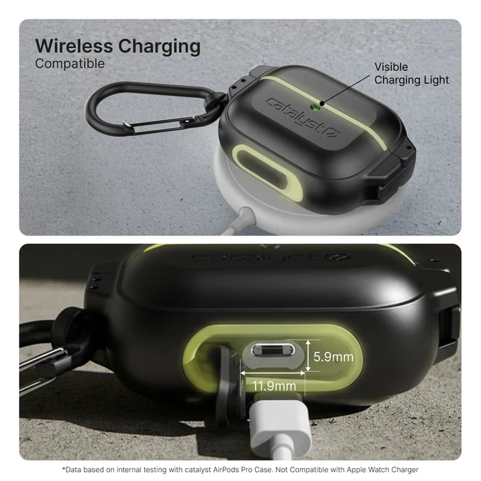 The Catalyst Case US AirPods Pro (Gen 2/1) 100M Waterproof Total Protection Case + Carabiner in black with neon green lining is shown, featuring wireless charging and a 5.9mm x 11.9mm charging port with cable attached.