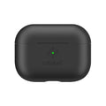 The Catalyst Case US AirPods Pro (Gen 2/1) Slim Case in Stealth Black is shown closed on a white background. Its matte, smooth finish, rounded edges, and green power light offer sleek, durable protection for your wireless earbuds.