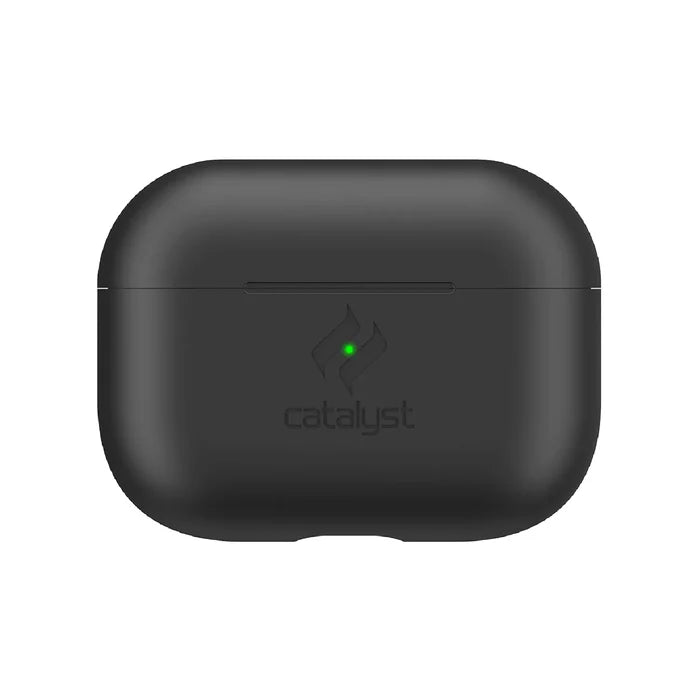 The Catalyst Case US AirPods Pro (Gen 2/1) Slim Case in Stealth Black is shown closed on a white background. Its matte, smooth finish, rounded edges, and green power light offer sleek, durable protection for your wireless earbuds.