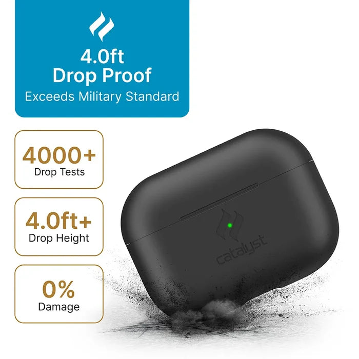 A Catalyst Case US AirPods Pro (Gen 2/1) Slim Case in black bounces on a dirty surface. Text: ÃƒÂ¢Ã¢â€šÂ¬Ã…â€œ4.0ft Drop ProofÃƒÂ¢Ã¢â€šÂ¬Ã¢â‚¬ÂExceeds Military Standard,ÃƒÂ¢Ã¢â€šÂ¬Ã‚Â ÃƒÂ¢Ã¢â€šÂ¬Ã…â€œ4000+ Drop Tests,ÃƒÂ¢Ã¢â€šÂ¬Ã‚Â and ÃƒÂ¢Ã¢â€šÂ¬Ã…â€œ0% Damage.ÃƒÂ¢Ã¢â€šÂ¬Ã‚Â Green light highlights drop-resistant design.