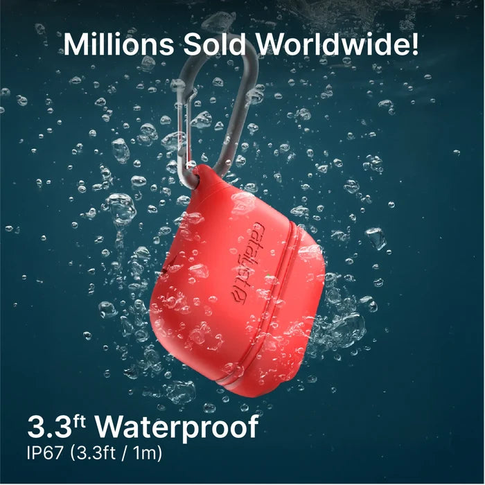 A Catalyst Case US AirPods Pro (Gen 2/1) Waterproof Case + Carabiner is submerged underwater with bubbles, showcasing 3.3ft IP67 waterproof protection and rugged durability. Text: “Millions Sold Worldwide! 3.3ft Waterproof IP67 (1m).”.