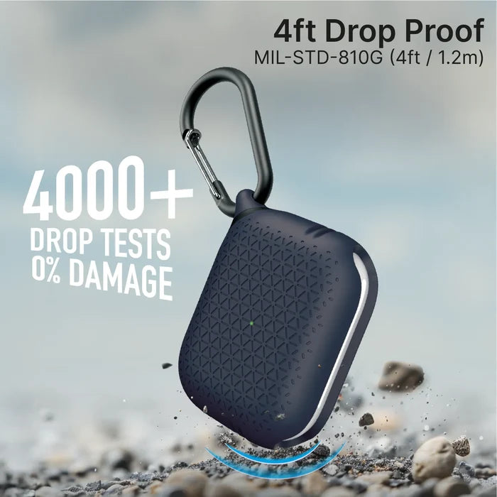 A Catalyst Case US AirPods Pro (Gen 3/2/1) Waterproof Case with carabiner lands on gravel, rocks around it. Text: "4ft Drop Proof, MIL-STD-810G, 4000+ Drop Tests, 0% Damage." Blurred background emphasizes impact and rugged protection.