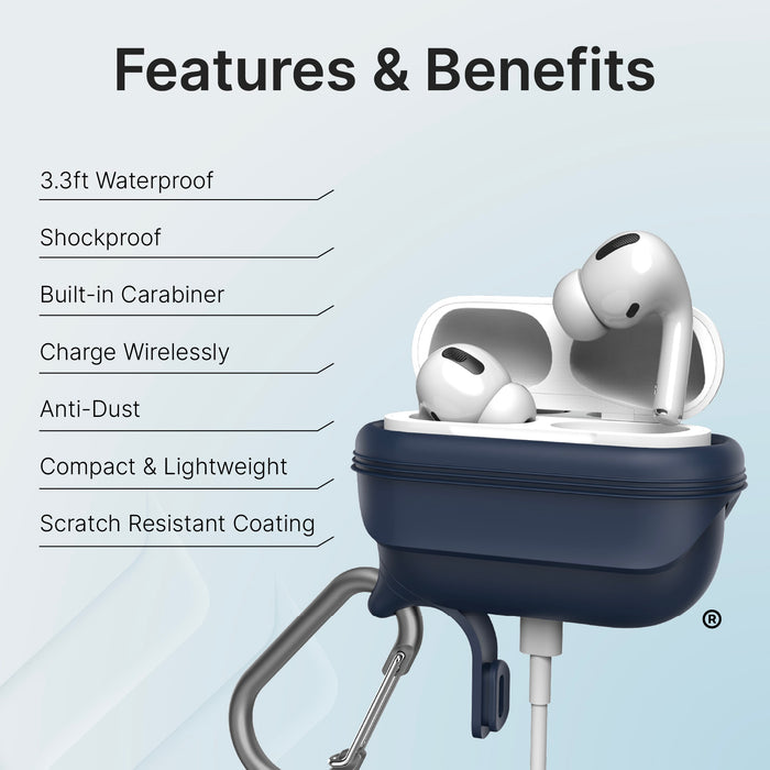 White AirPods Pro (Gen 2/1) rest in an open navy blue Catalyst Case US Waterproof Case + Carabiner. Features: 3.3ft waterproof, shockproof, compact, lightweight, anti-dust, wireless charging, scratch-resistant coating.