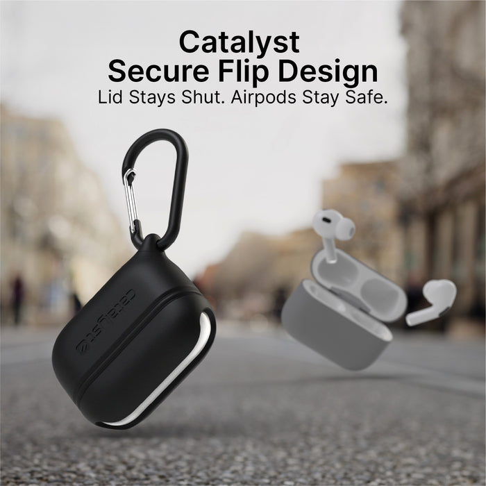 A Catalyst Case US AirPods Pro (Gen 3/2/1) Waterproof Case + Carabiner, in black, is sharply focused on a city street. Beside it, a blurred gray case spills AirPods. Text: “Secure Flip Design. Lid Stays Shut. AirPods Stay Safe.”.