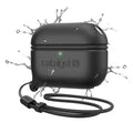 The Catalyst Case US AirPods Pro (Gen 2/1) - Waterproof Case + Lanyard in Stealth Black is shown with water splashes, a green LED indicator, and a textured logo on the front. The background is plain white.