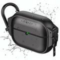 A Stealth Black Catalyst Case US AirPods Pro 3 - 100M Waterproof Total Protection Case with military-grade drop protection, visible water droplets, a green charging light, and a black carabiner is shown against a white background with water splashes.