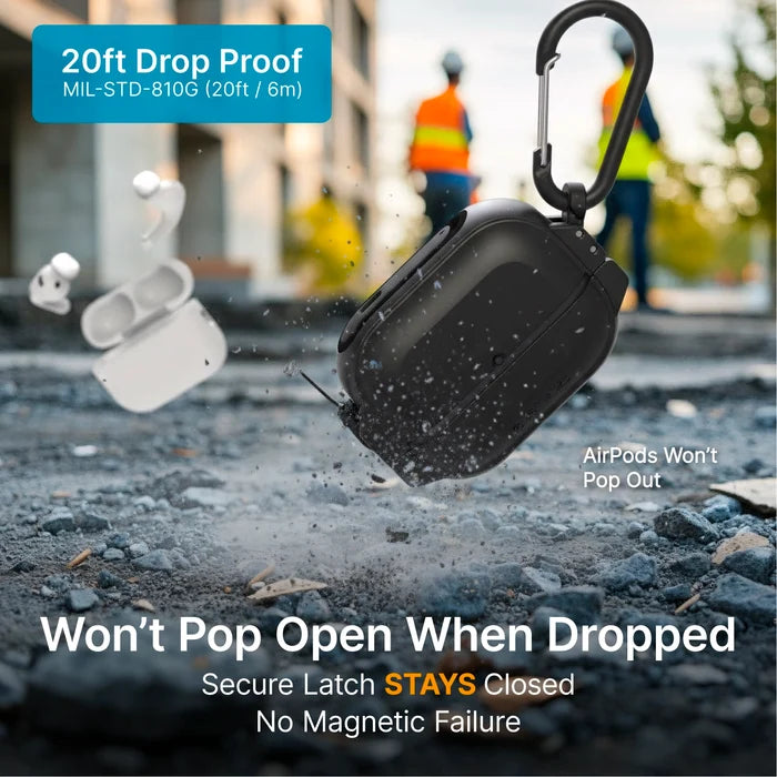 A Catalyst Case US AirPods Pro 3 - 100M Waterproof Total Protection Case + Carabiner withstands a drop on rugged terrain, staying shut. In the background, a white case opens. Text highlights MagSafe compatibility and military-grade 20ft drop protection.