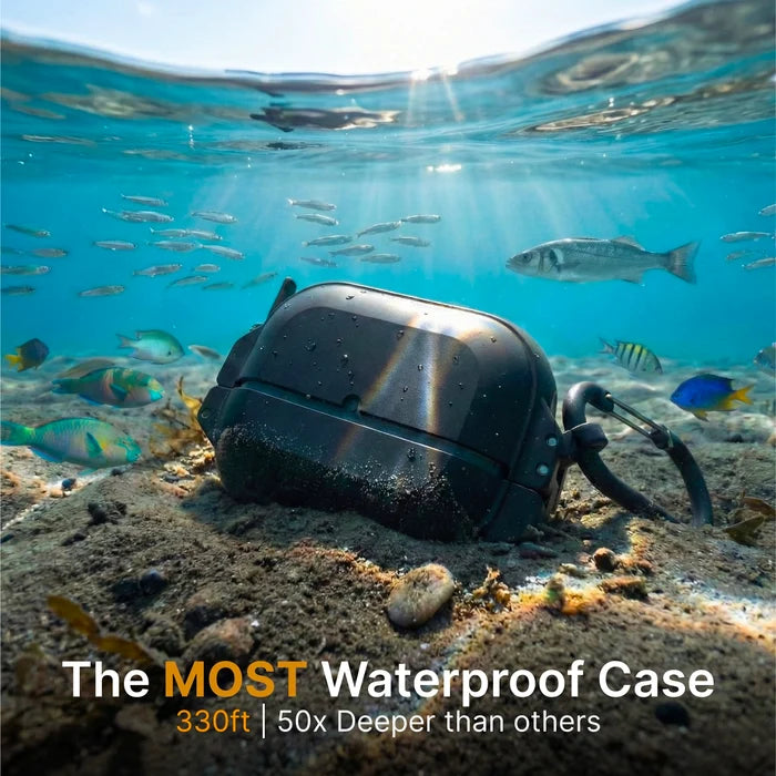 A Catalyst Case US AirPods Pro 3 - 100M Waterproof Total Protection Case + Carabiner sits on the ocean floor among vibrant coral and fish. Text: "100M Waterproof—50x Deeper, Military-Grade Drop Protection.”.
