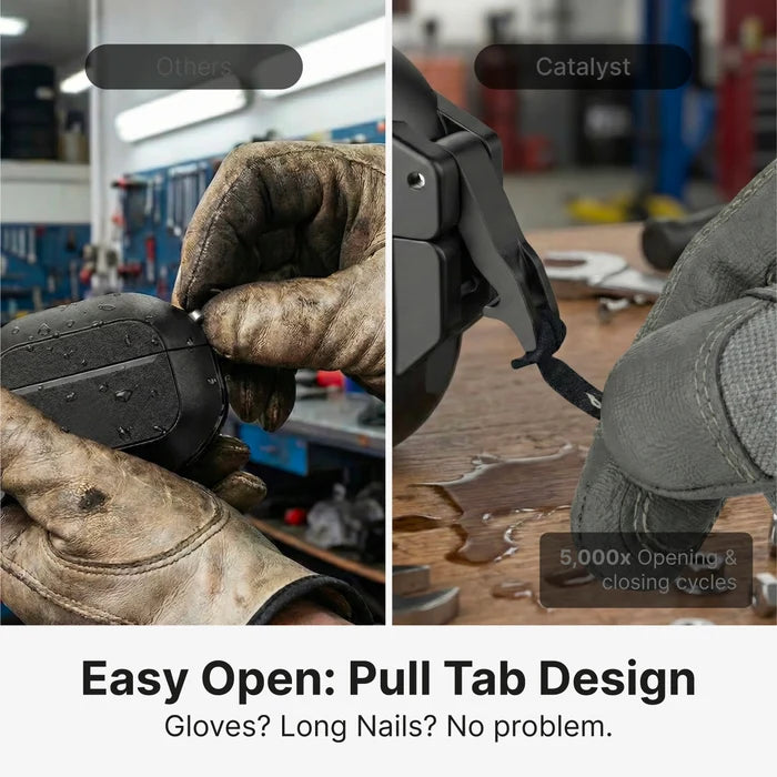 Split image: Left—a gloved hand struggles with a case; right—gloved hand easily opens Catalyst Case US AirPods Pro 3 - 100M Waterproof Total Protection Case + Carabiner. Workshop background. Text: "Easy Open Pull Tab. Military-grade drop protection.