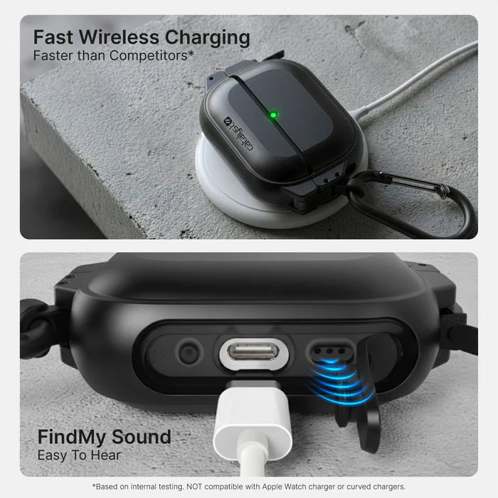 Top: A Catalyst Case US AirPods Pro 3 - 100M Waterproof Total Protection Case with a green light sits on a white MagSafe wireless charging pad. Bottom: Close-up of the charging port, cable connected, and blue sound waves from the speaker grille.