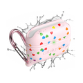 A Catalyst Case US AirPods Pro (Gen 3/2/1) Waterproof Case with a pink rainbow heart design and metallic pink carabiner is shown with splashing water, highlighting its rugged, water-resistant build against a white background.