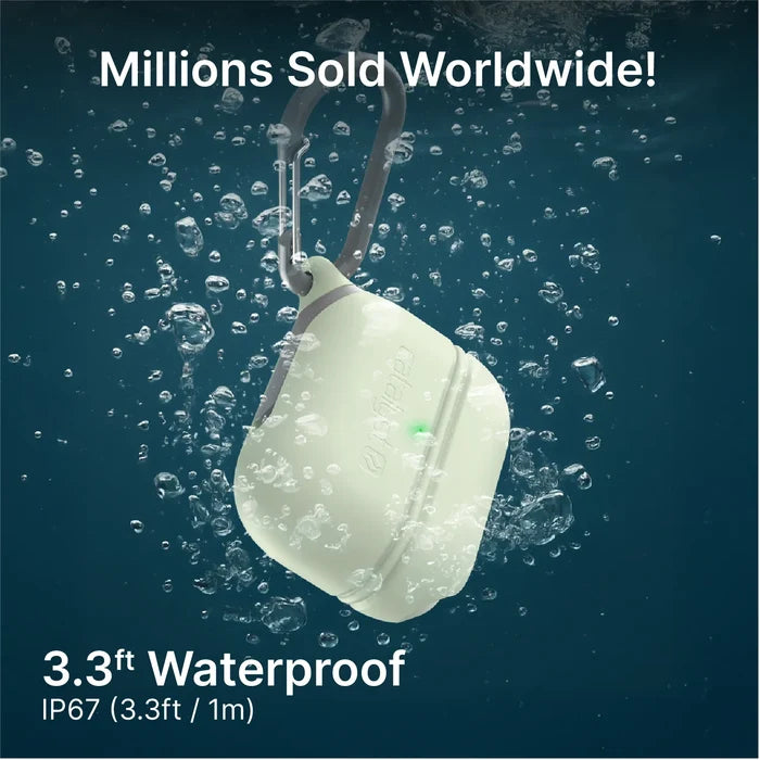 The Catalyst Case US AirPods Pro (Gen 3/2/1) Waterproof Case + Carabiner, shown white and rectangular with a closed lid, green indicator light, and attached to a gray carabiner, is IP67 rated waterproof to 3.3ft. Millions sold worldwide!.