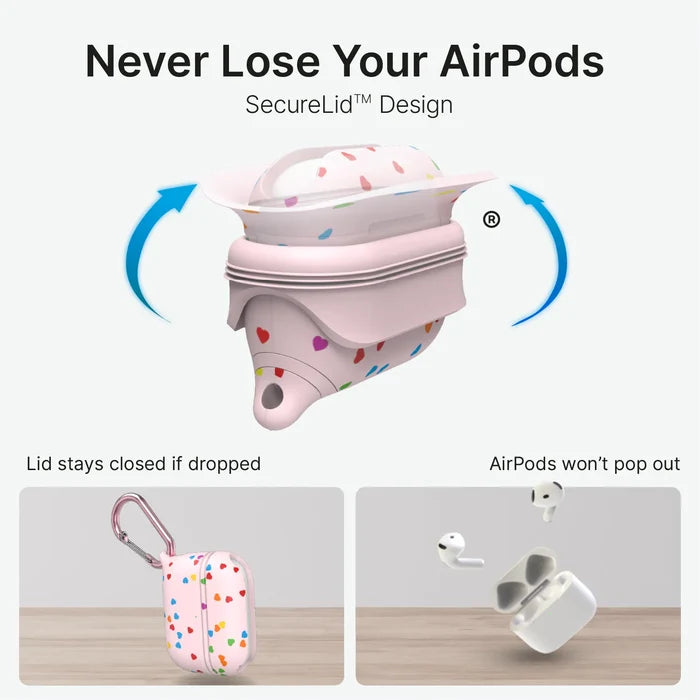 A Catalyst Case US AirPods Pro (Gen 3/2/1) Waterproof Case + Carabiner in pink with heart pattern features a secure lid and tight seal, keeping AirPods safe even after drops or when upside down. Text: "Never Lose Your AirPods.