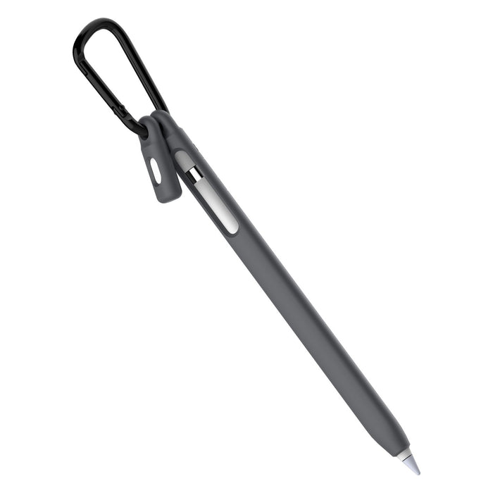 The Catalyst Case US Apple Pencil (Gen 1) Grip Case is a sleek dark gray case with an integrated loop, attached to a black carabiner. The stylus features a pointed tip and a small exposed area on the side for charging or tapping.