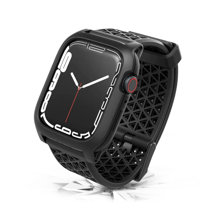 The Catalyst Case US 45mm Rugged Case + Band for Apple Watch Series 9/8/7 features a black, rectangular design. It displays an analog clock with white numbers and a red second hand for a stylish, durable look.