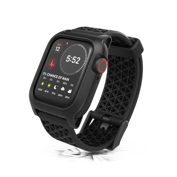 The Catalyst Case US 40mm Rugged Case + Band for Apple Watch Series 6/5/4/SE (Gen 2/1) in sleek black showcases the time, date, weather, and heart rate. It stands upright on a reflective surface with a scattered glass effect below.
