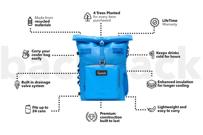 Bright blue recycled cooler backpack with roll-top closure, front pocket, and side straps for carrying.