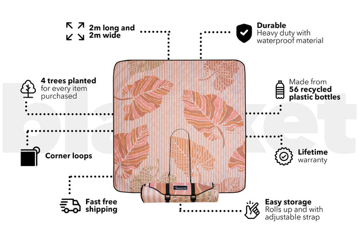Recycled picnic blanket in autumn leaf print, 2m x 2m, with corner loops and carrying strap