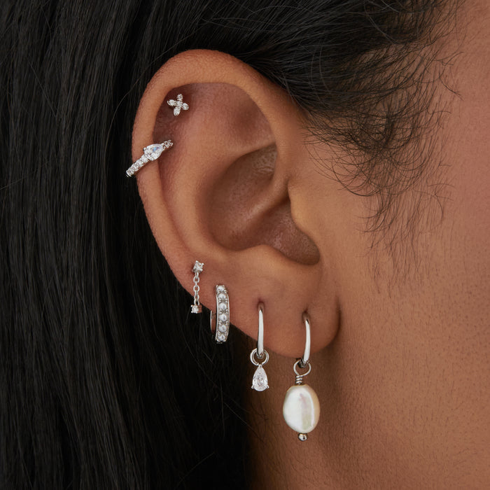 Dangling Baroque Pearl Huggie [hover] color:null|silver
