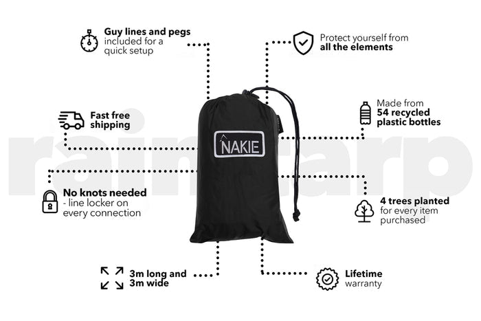 Black ultralight tarp with drawstring stuff sack, featuring NAKIE logo patch and integrated guy lines