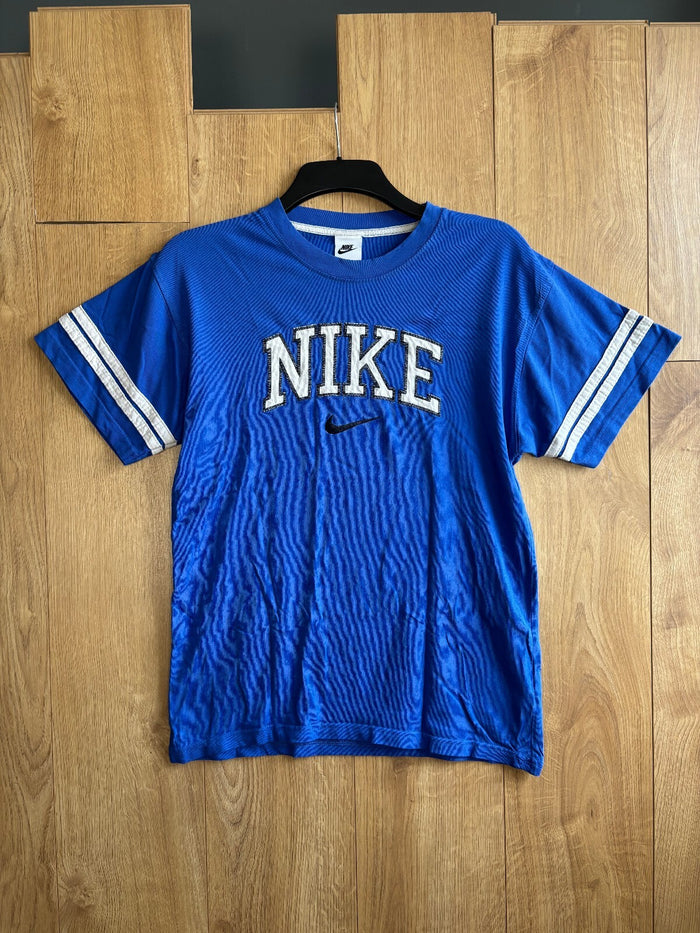 Nike Blue Embroidered Logo Varsity T Shirt Oversized Small Y2K Streetwear