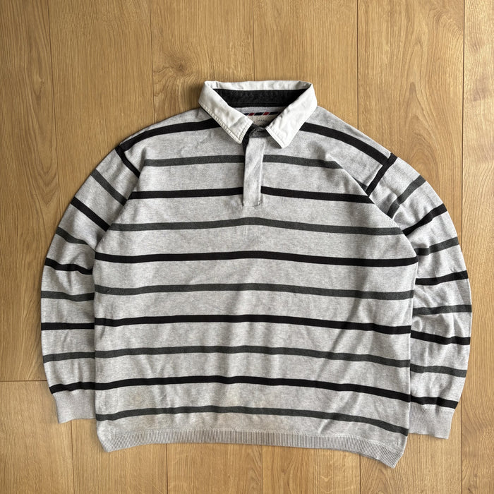 Blue Harbour Striped Rugby Sweatshirt Grey White Collared Jumper XL