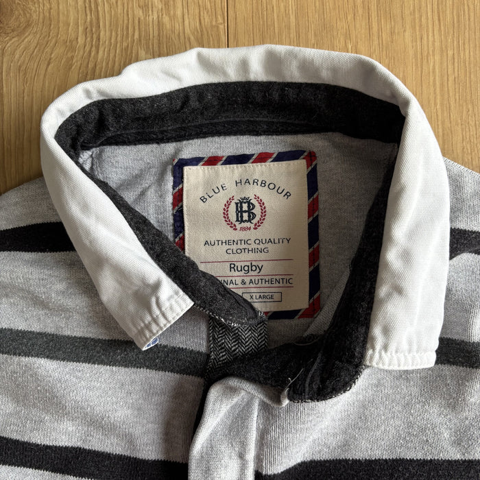 Blue Harbour Striped Rugby Sweatshirt Grey White Collared Jumper XL