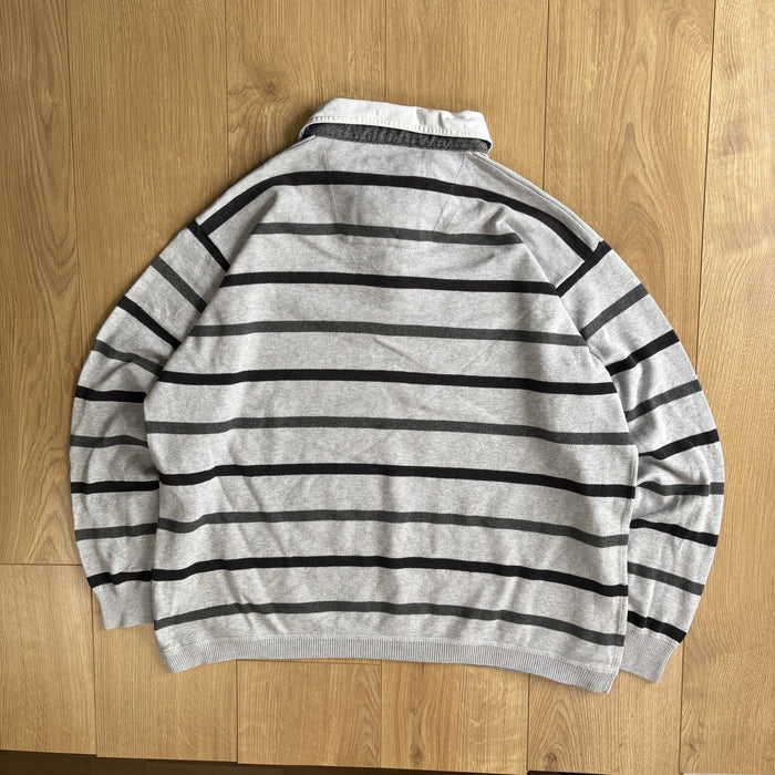 Blue Harbour Striped Rugby Sweatshirt Grey White Collared Jumper XL