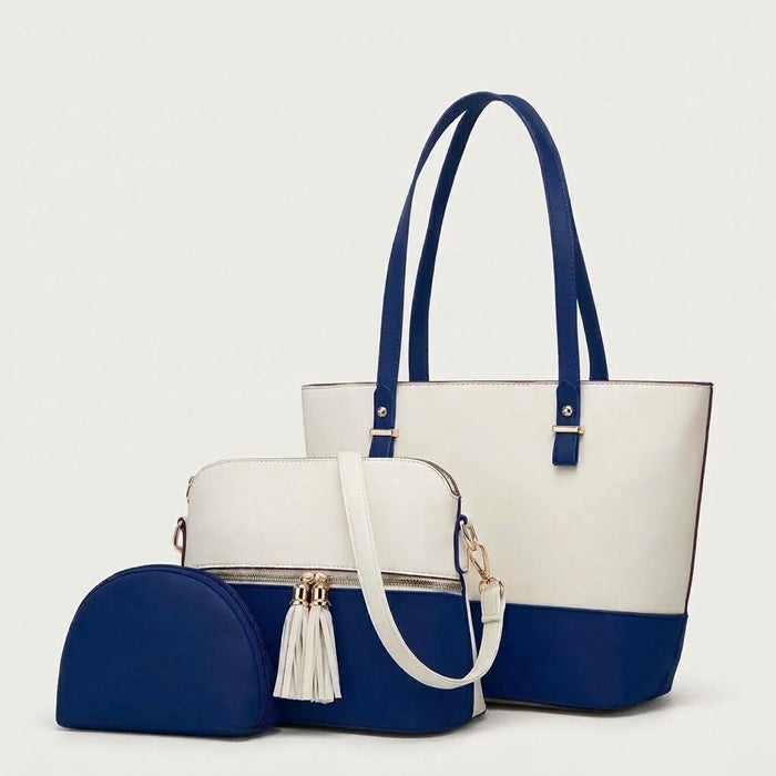 Blue White 3-Piece Women's Tote Set with Top Handle