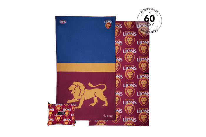 Brisbane Lions maroon and blue striped beach towel with gold lion logo and repeated team branding pattern, shown with matchin
