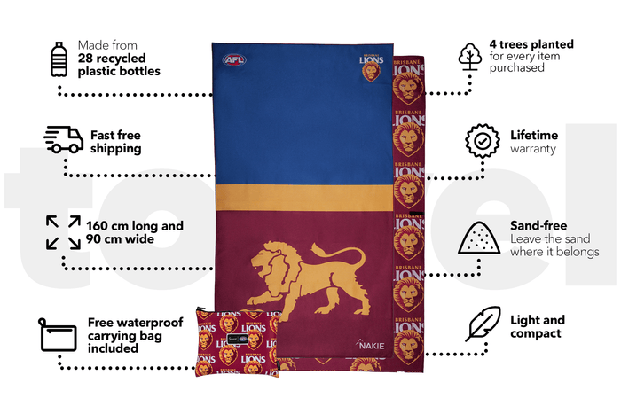Brisbane Lions AFL beach towel in navy, gold and maroon with lion logo, 160cm long and 90cm wide, includes waterproof carryin