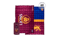 Burgundy and blue quilted puffy blanket with Brisbane Lions AFL logo and lion emblem, shown unfolded and rolled