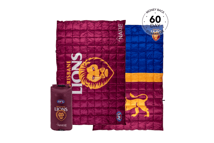 Burgundy and blue quilted puffy blanket with Brisbane Lions AFL logo and lion emblem, shown unfolded and rolled